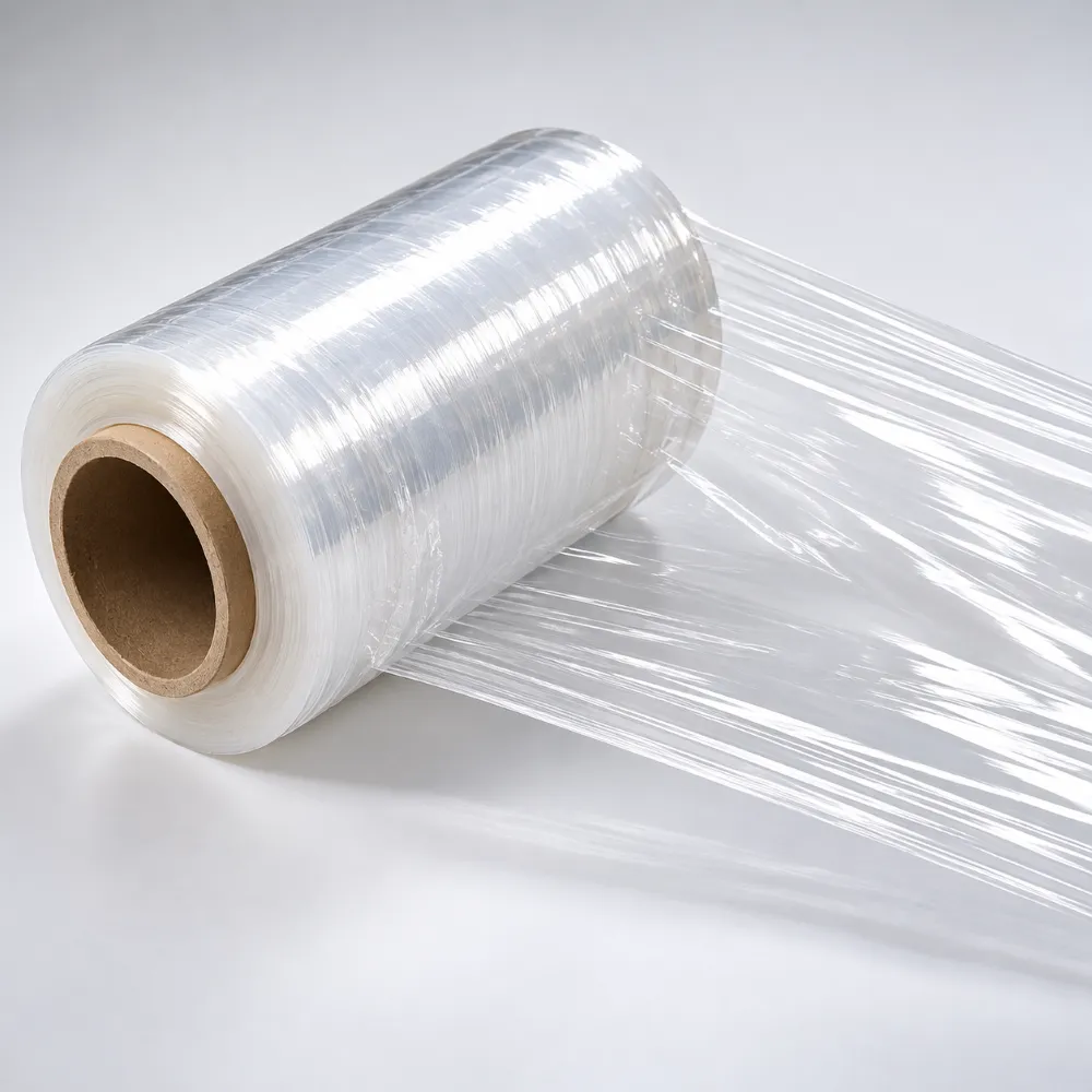 Hand stretch film being unrolled for manual pallet wrapping